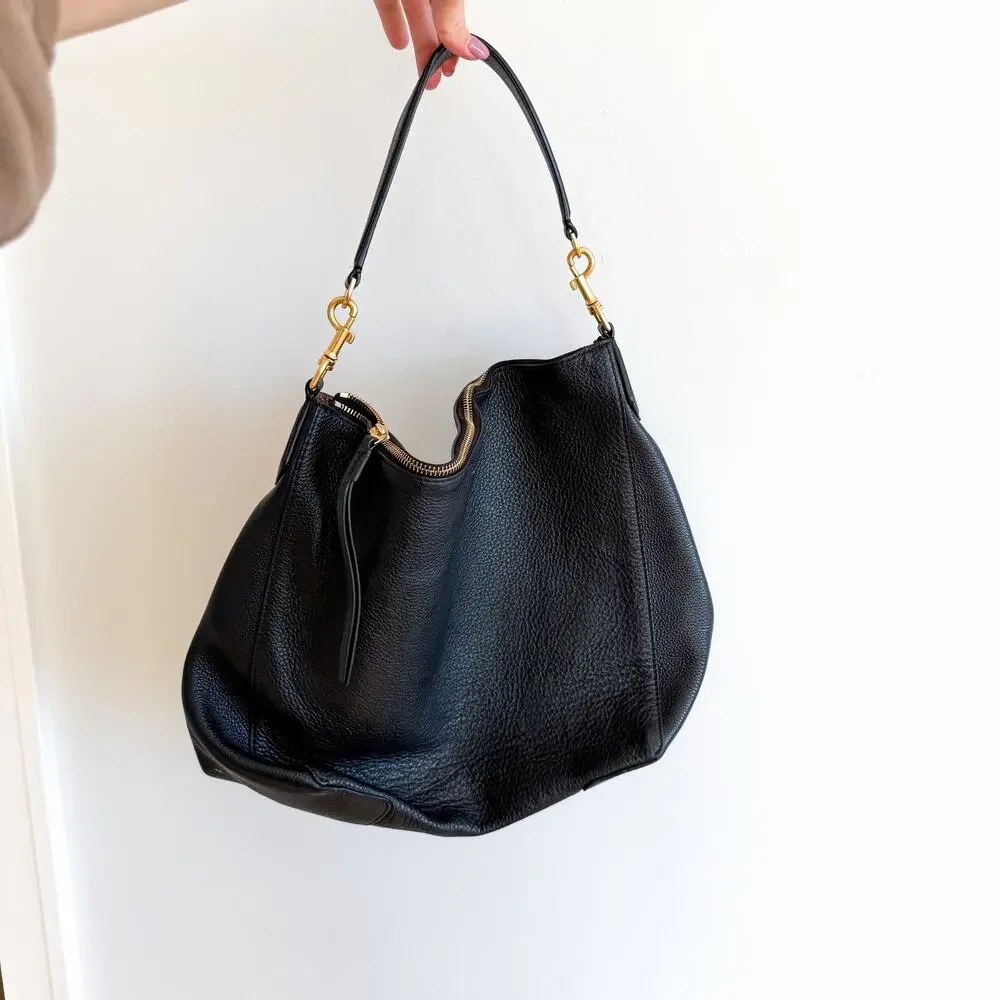 Tory Burch Pebbled Leather Zip-Closure Hobo Shoulder Bag Black
